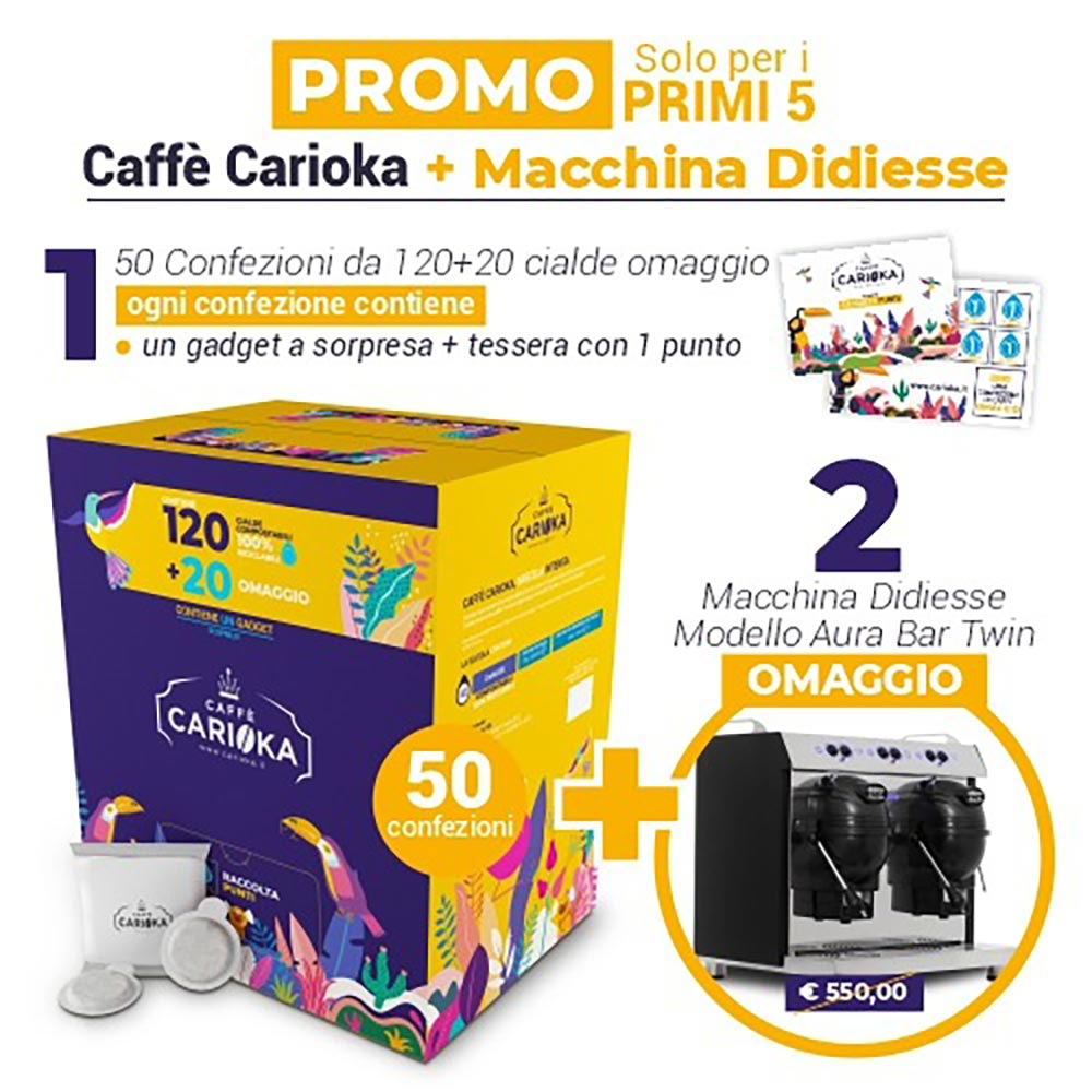 Promozione 50 confezioni caffè in cialde carioka caffè miscela Blu David da 120 + 20 cialde e macchina Didiesse Modello Aura Bar Twin in omaggio Promozione 50 confezioni caffè in cialde carioka caffè miscela Blu David da 120 + 20 cialde e macchina Didiesse Modello Aura Bar Twin in omaggio